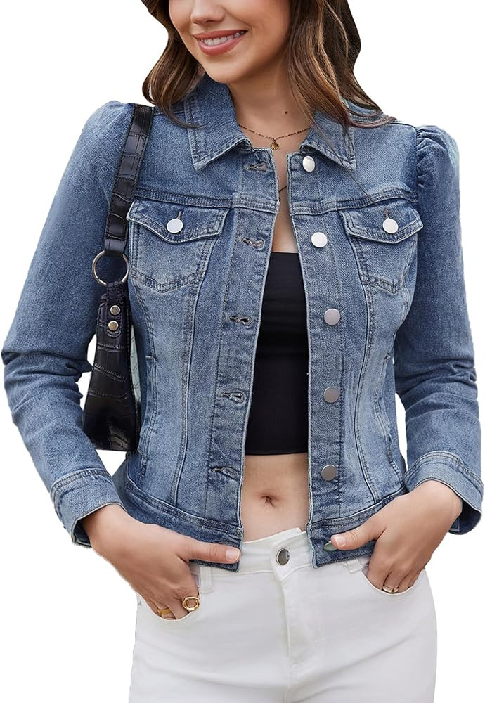 Women's Jean Jacket Cropped Denim Jackets Stretchy Puff Long Sleeve Ripped with Pockets | Amazon (US)