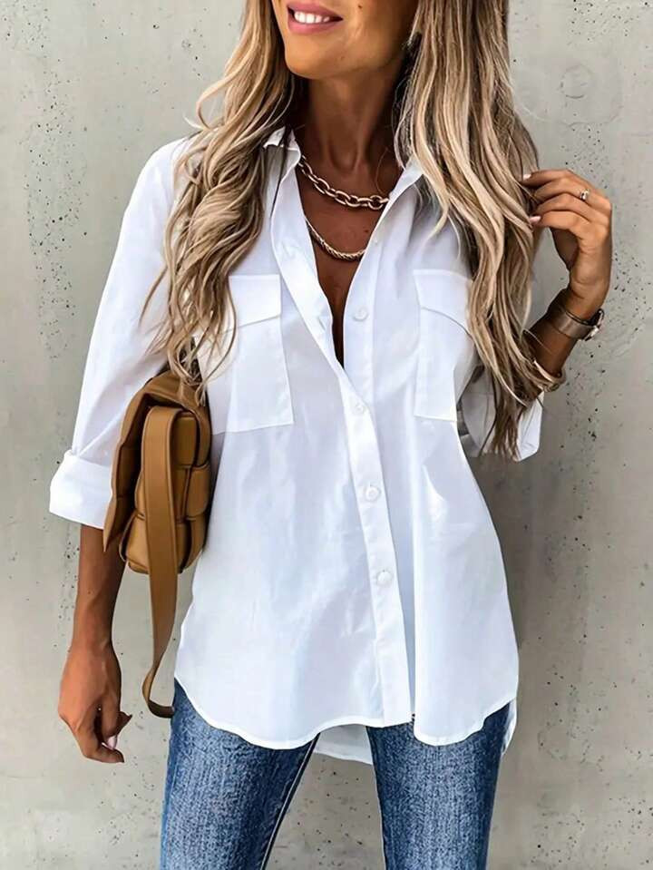 SHEIN EZwear Women's Pocketed Asymmetrical Hem Shirt With Front Short And Back Long Design | SHEIN