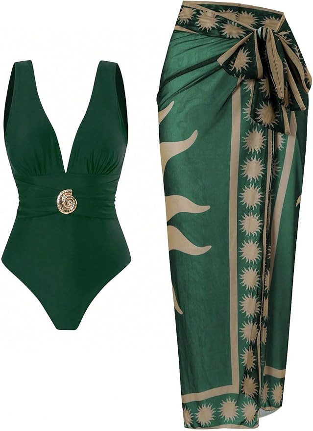 Sexy One Piece Swimsuit for Women Sarong Wrap Skirt Set Beach Cover Up Boho Beachwear Bathing Sui... | Amazon (US)
