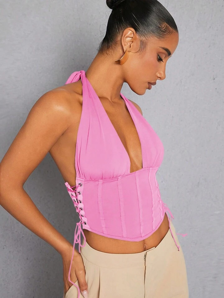 SHEIN Haute Lace Up Corset Halter Tie Crop Top | SHEIN