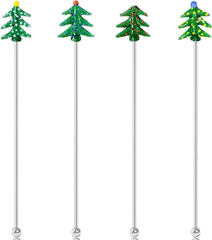 4Pcs Christmas Pine Tree Shape Cocktail Swizzle Stick Stainless Steel Coffee Stirrers Juice Milk ... | Amazon (US)