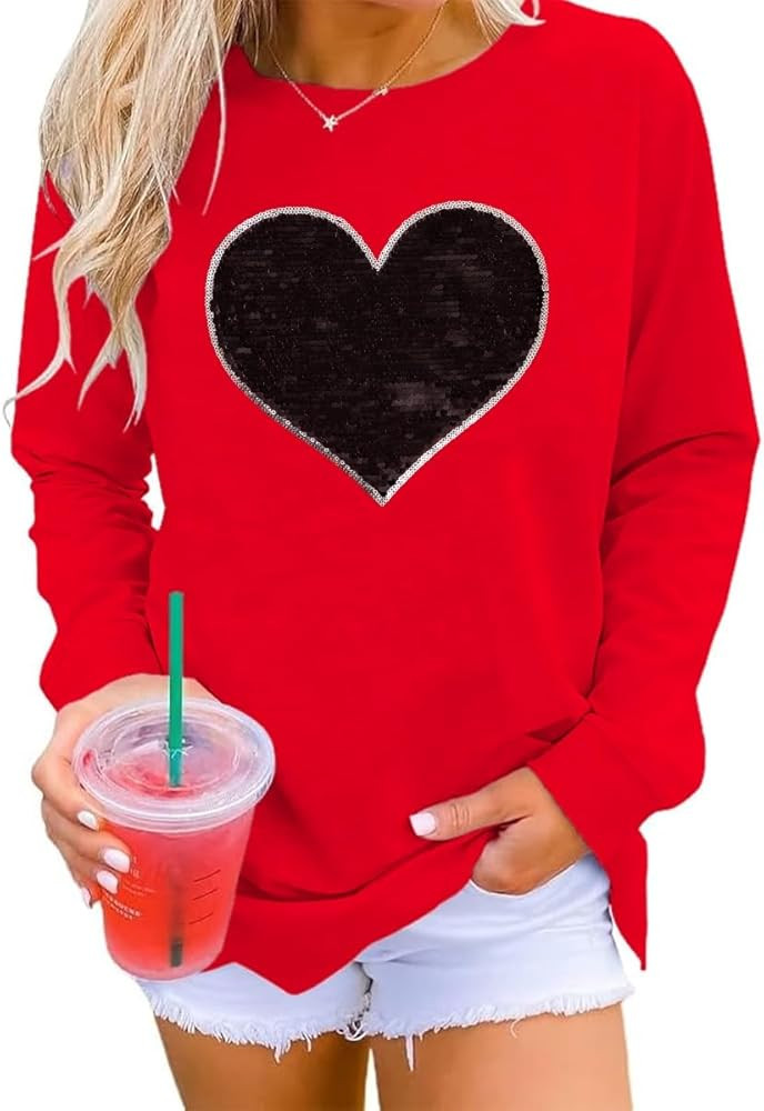 Qbily Women's Sequins Heart Sweatshirt Casual Casual Long Sleeve Crew Round Valentines Day Pullov... | Amazon (US)