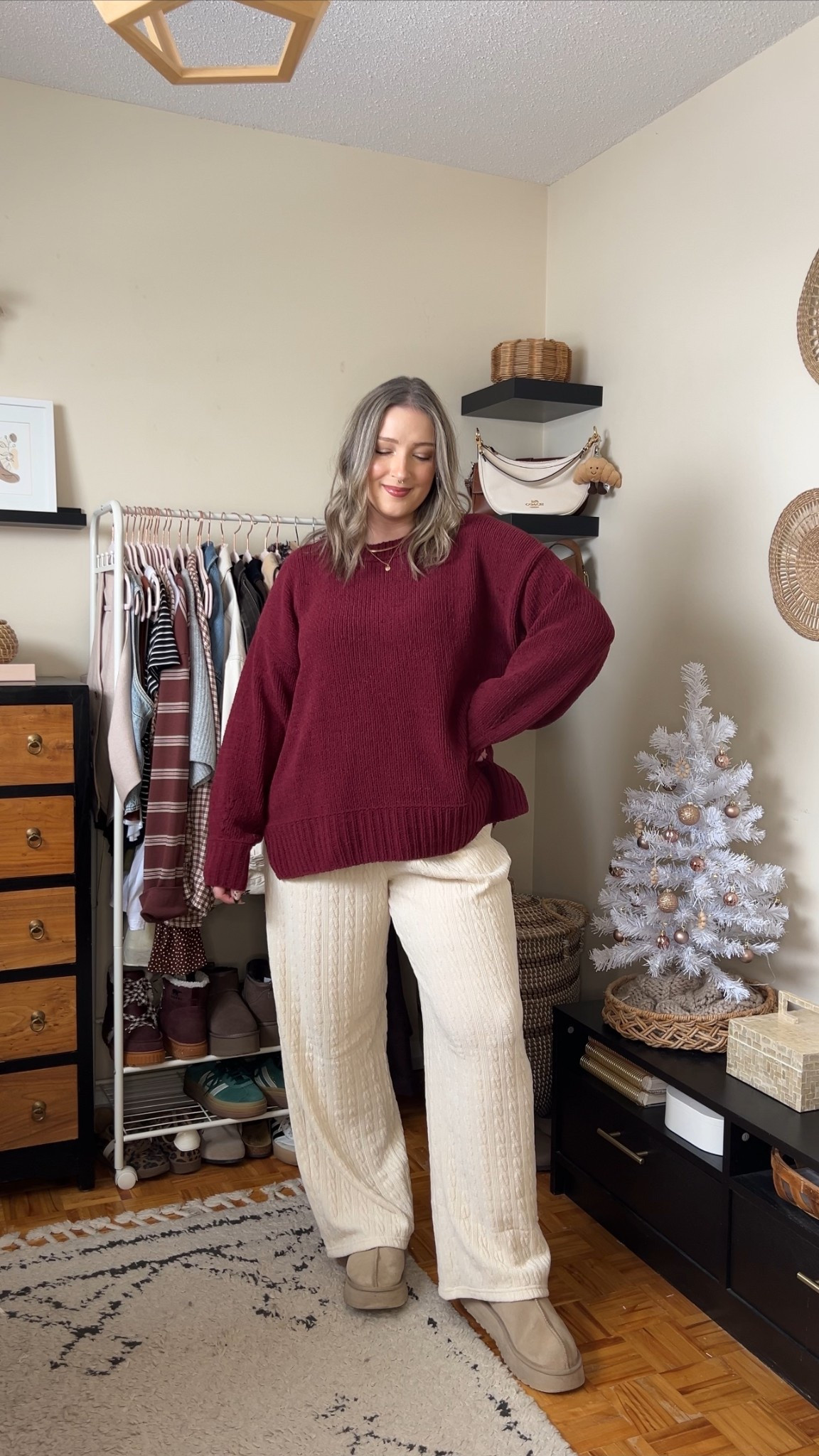 Comfy winter outfit from Aerie on sale!
Sweater is super soft chenille and I love the burgundy color! These cable knit pants are so cozy and on trend! Wearing my usual size L in both. Ugg tazz platforms are TTS

#LTKwinter #LTKsale #LTKmidsize