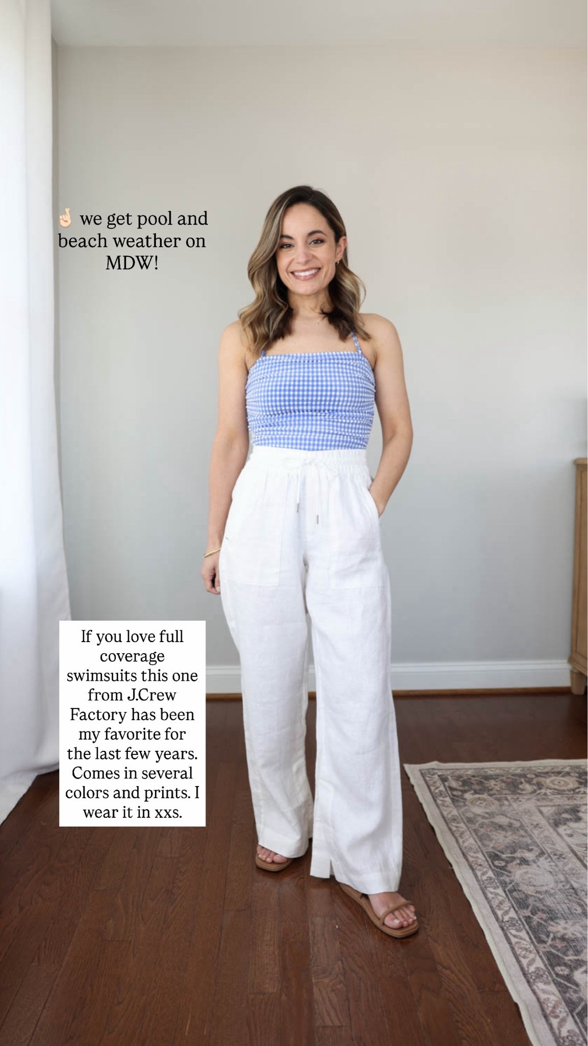 A few festive summer outfits to kick off the unofficial start of summer next weekend! 

Outfit sizing

Swimsuit (J.Crew Factory): xxs 
Linen pants (Athleta): petite xxs 
Sandals (Crocs): true to size