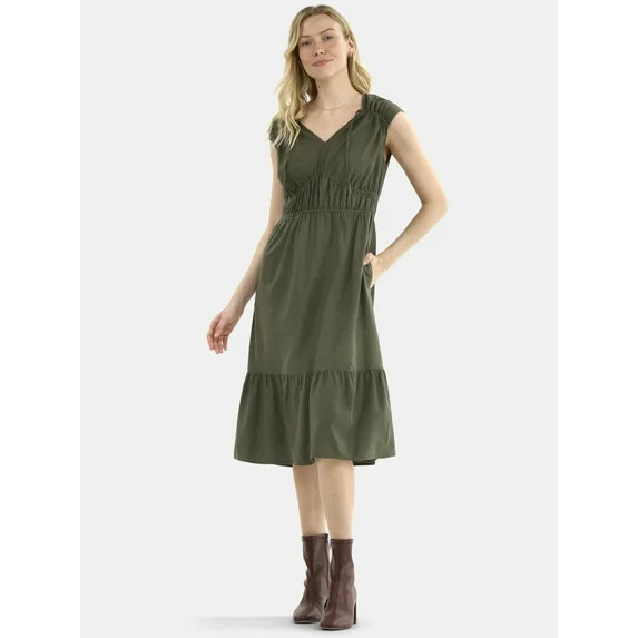 Time and Tru Women's V-Neck Midi Dress, Sizes XS-XXXL - Walmart.com | Walmart (US)