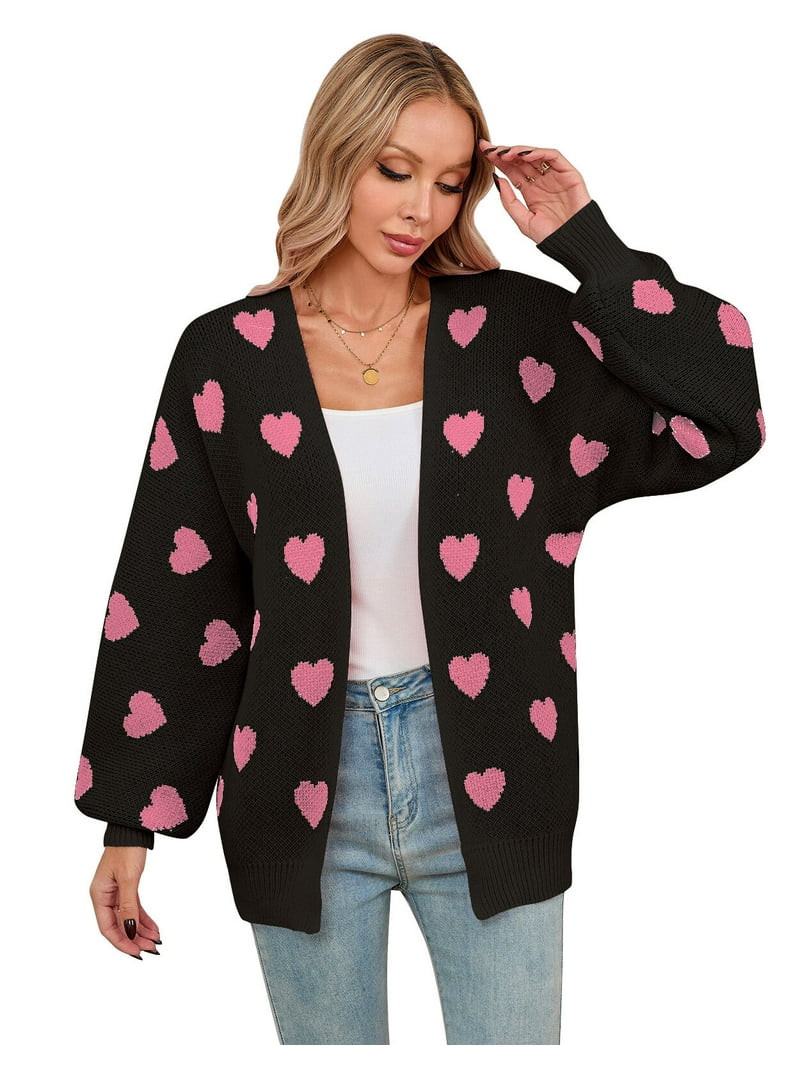 Cardigans for Women Heart Print Valentine's Day Sweaters Loose Casual V Neck Button Down Long Sle... | Walmart (US)