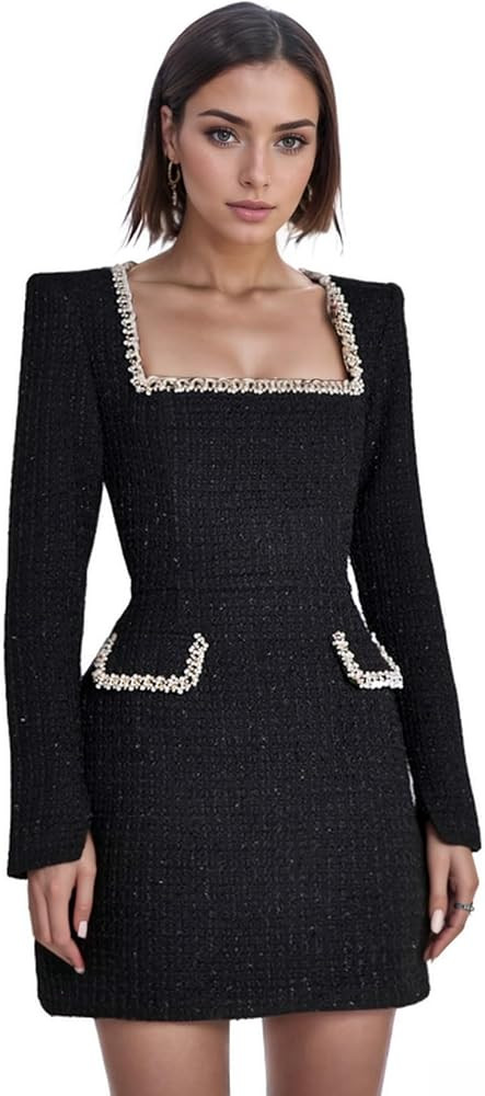 Pearls Square Neck Tweed Mini Dress Long Sleeve Short Prom Cocktail Pary Dress | Amazon (US)