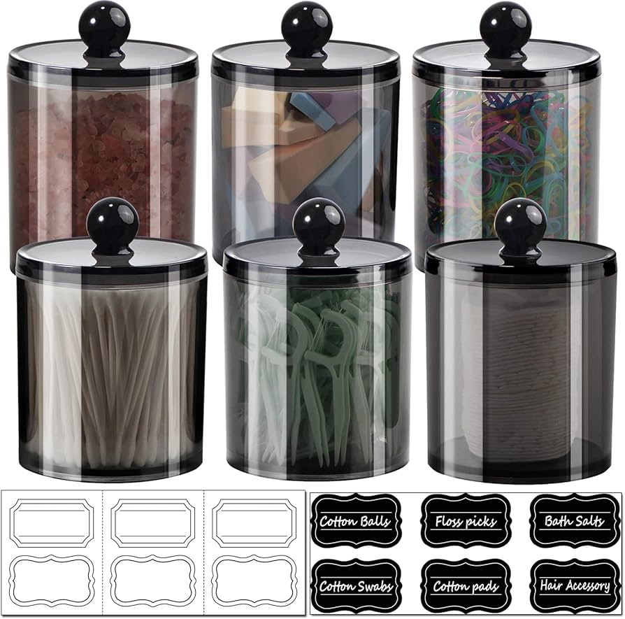 6 Pack Qtip Dispenser Apothecary Jars Bathroom with Labels - Qtip Holder Storage Canister Clear P... | Amazon (US)