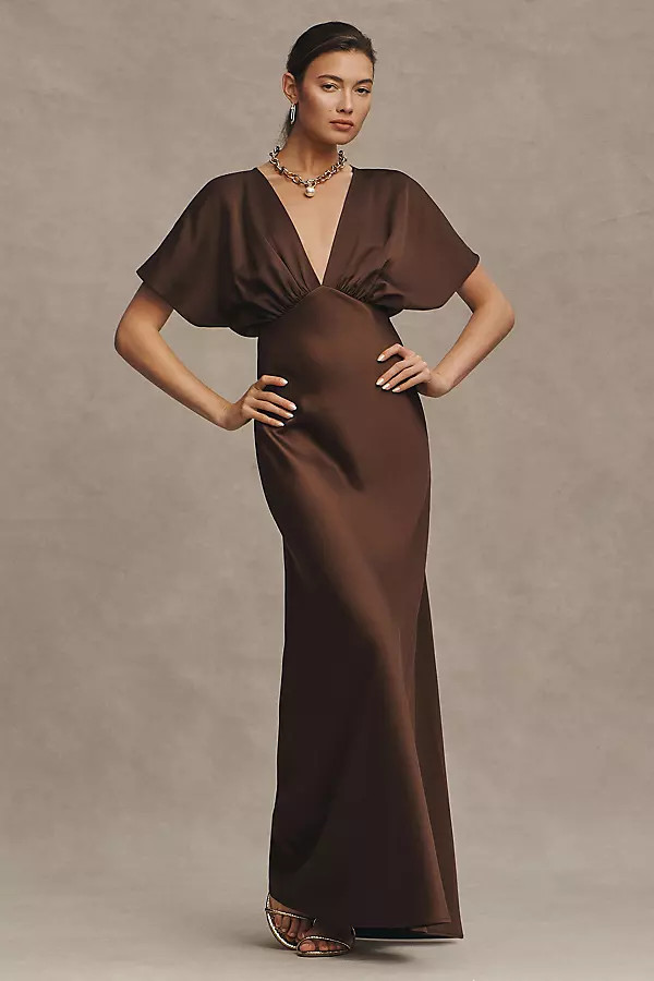 Leila Deep-V Flutter-Sleeve Satin A-Line Gown | Anthropologie (US)