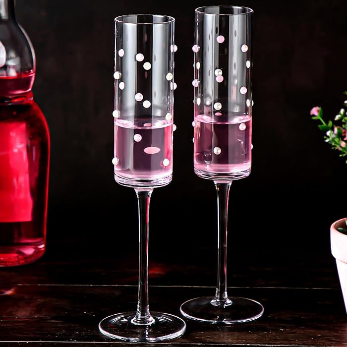 2 Pcs Pearl Wedding Champagne Flutes with Faux Pink and White Pearl 6 oz Clear Glass Long Stem Br... | Amazon (US)