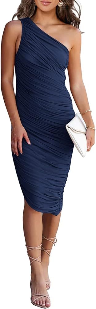 Amazon.com: PRETTYGARDEN Women's Ruched Bodycon Dress 2024 Summer One Shoulder Sleeveless Party C... | Amazon (US)