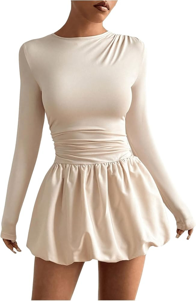 Long Sleeve Bubble Dress Ruched Crew Neck Solid Puffer Dresses | Amazon (US)