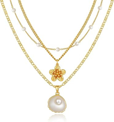 Charm Necklaces for Women,14k Gold Plated Waterproof Dainty Choker Necklace Summer Seashell Pearl... | Amazon (US)