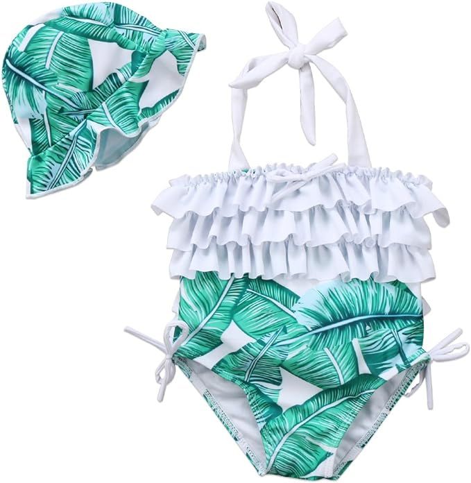 Baby Girl Leaf Swimsuit Ruffles Swimwear Halter Bathing Suit One Piece Bikini with Sun Hat for To... | Amazon (US)