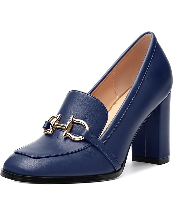 Womens Loafers - Square Toe High Heels Shoes with Gold Metal Buckle, Fashion Women's Pumps Shoes ... | Amazon (US)