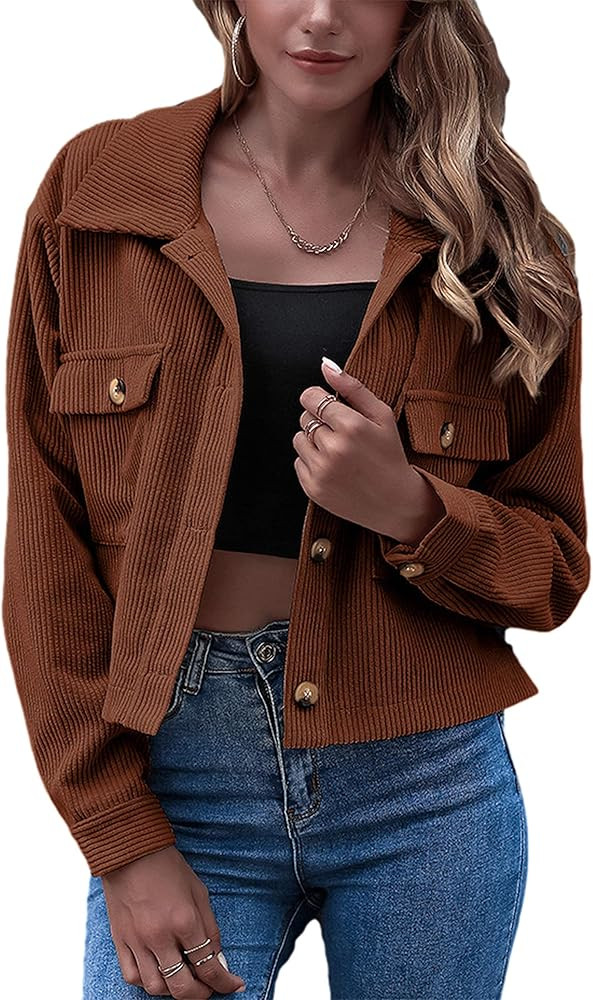 Amazon.com: Gihuo Women's Fashion Cropped Shacket Button Down Corduroy Shacket Jackets Casual Pla... | Amazon (US)