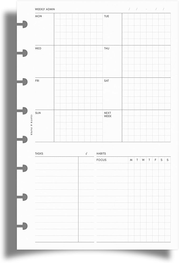 Cloth & Paper Weekly Admin Planner Inserts | Half Letter Size 5.5 x 8.5 Inches | 8 Disc Punch | M... | Amazon (US)