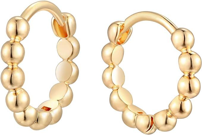 MTMY Huggie Hoop Earrings 14K Gold Plated Cubic Zirconia Dainty Simple Cute Beads Elegant CZ Circ... | Amazon (US)