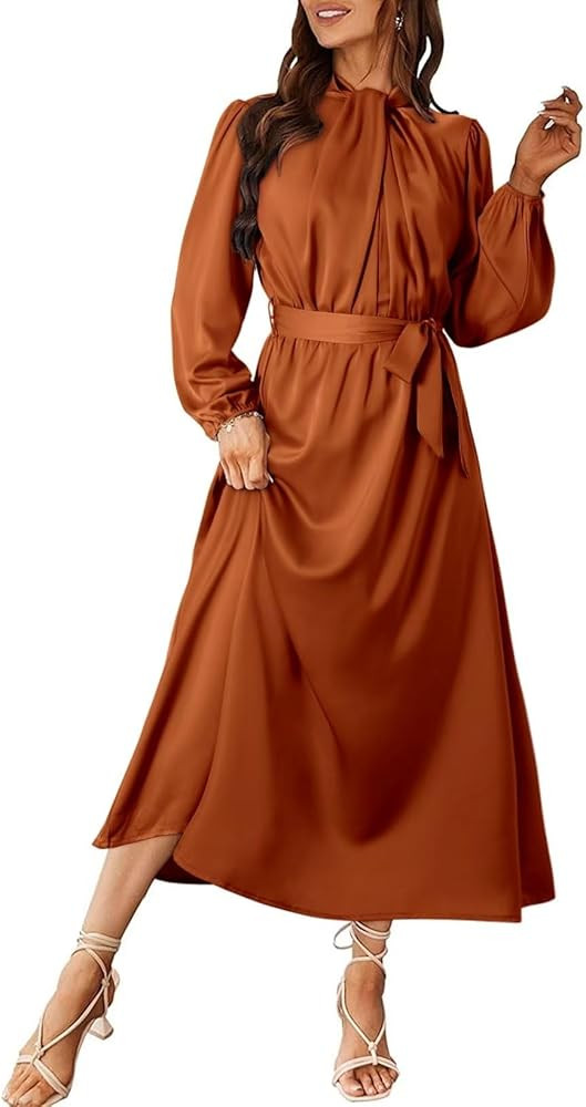 Dokotoo Women's Fall Satin Dress Elegant Long Sleeve Elastic High Waist Formal Wedding Cocktail P... | Amazon (US)