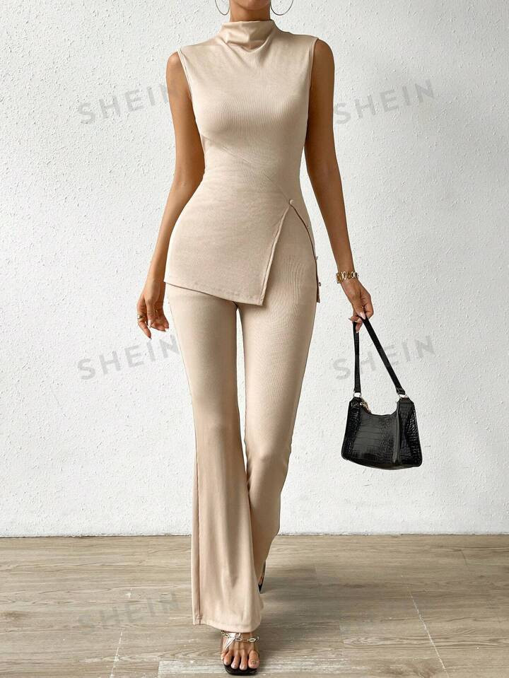 SHEIN Essnce Mock Neck Split Hem Tank Top & Flare Leg Pants | SHEIN