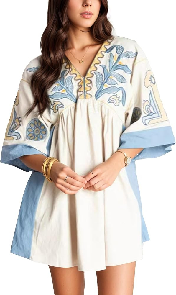Women's Boho Floral Embroidered Mini Dress Loose V Neck 3/4 Sleeve High Waist Vintage Patchwork B... | Amazon (US)