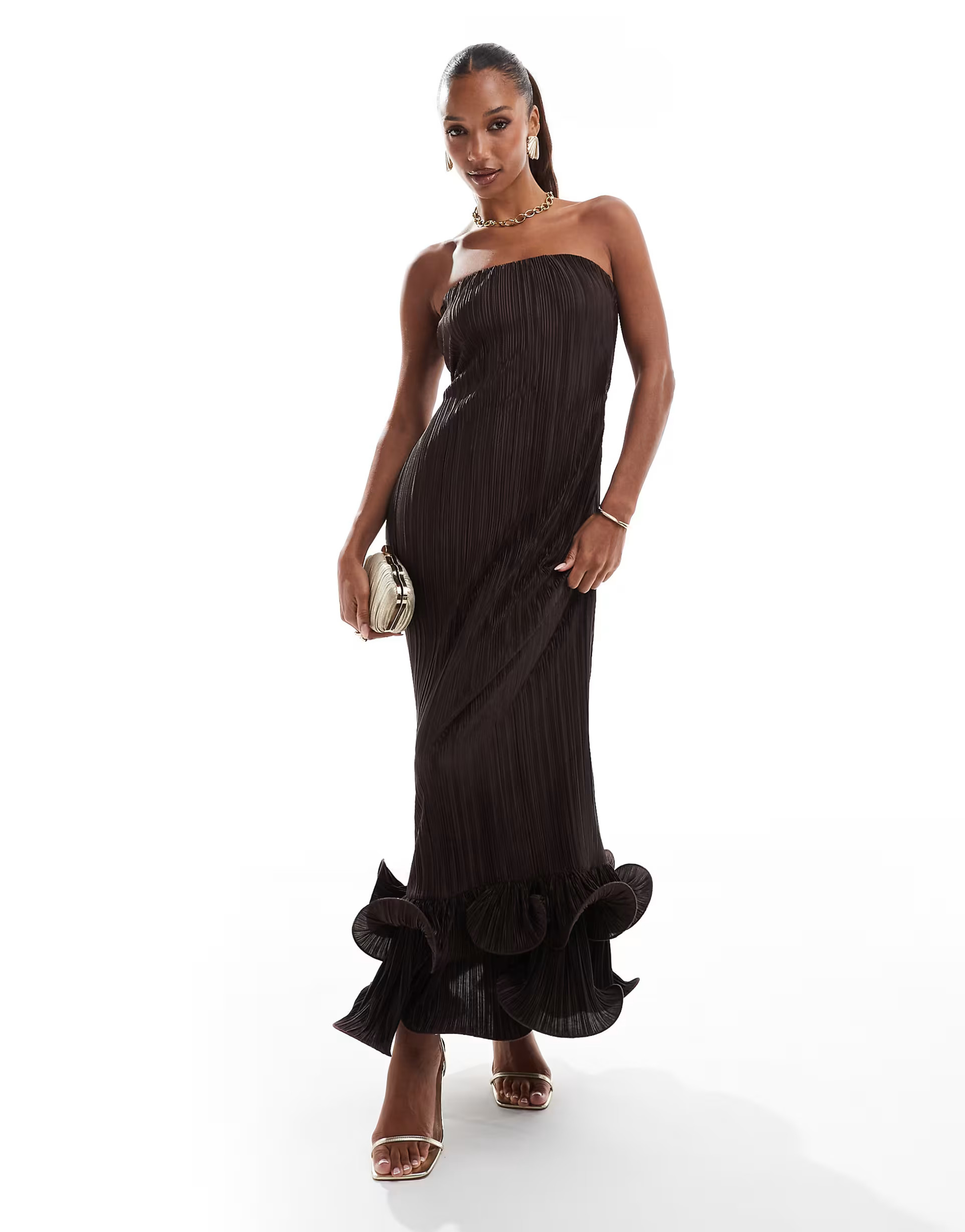 ASOS DESIGN bandeau plisse maxi dress with dramatic curly hem in chocolate brown | ASOS (Global)