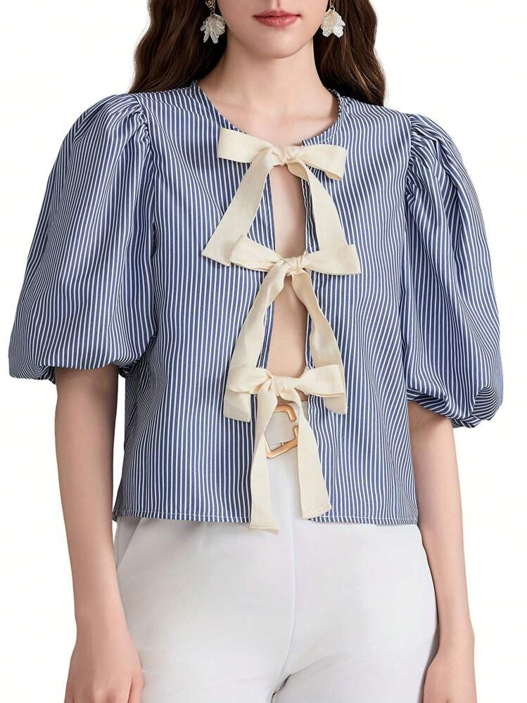 Women's Summer Babydoll Tops Stripe Print Puff Sleeve Round Neck Bow Tie-Up Front Loose Shirt | SHEIN