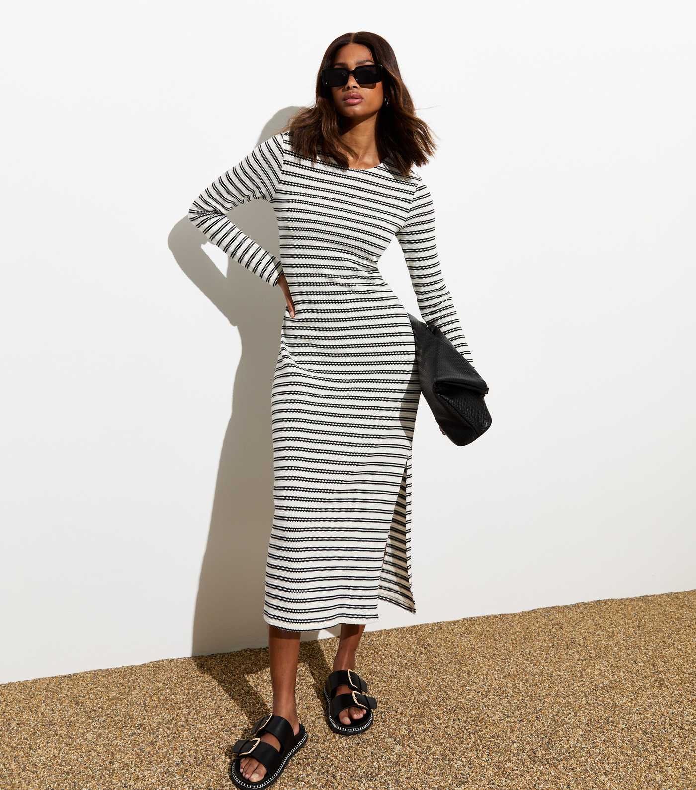 White Stripe Knit Split Hem Midi Dress | New Look | New Look (UK)