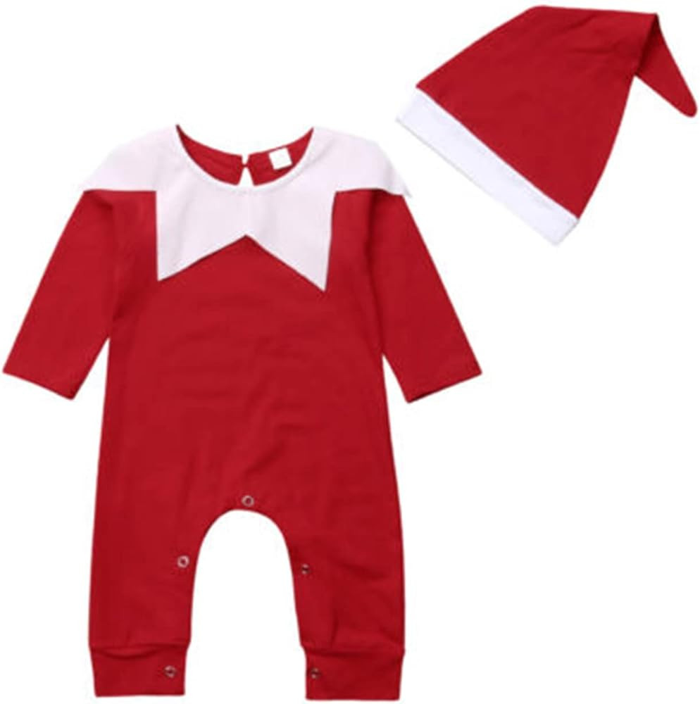 Gueuusu Newborn Baby Boy Girl My First Christmas Outfit Elf Costumes Long Sleeve Santa Claus Romper Jumpsuit with Hat Clothes | Amazon (US)