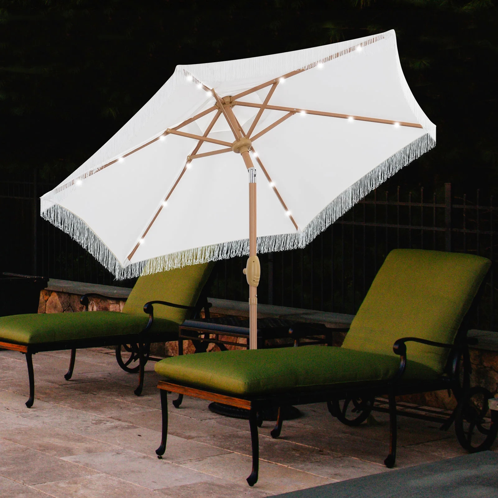 Autlaycil 7.5 ft Patio Tassel Umbrella with Base, 18 LED Lights Solar Umbrella (White) | Walmart (US)