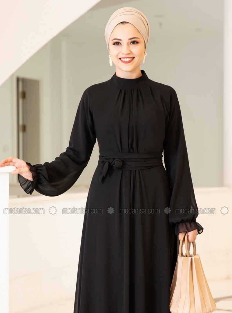 Black - Fully Lined - Crew neck - Chiffon - Muslim Evening Dress | Modanisa (US)
