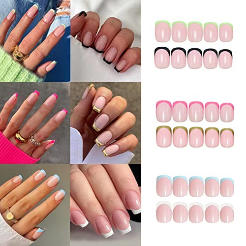 6 Packs (144 Pcs) French Tip Press on Nails, Misssix Short Fake Square Glue on Nails Set with Adhesive Tabs Nail File for Women | Amazon (US)