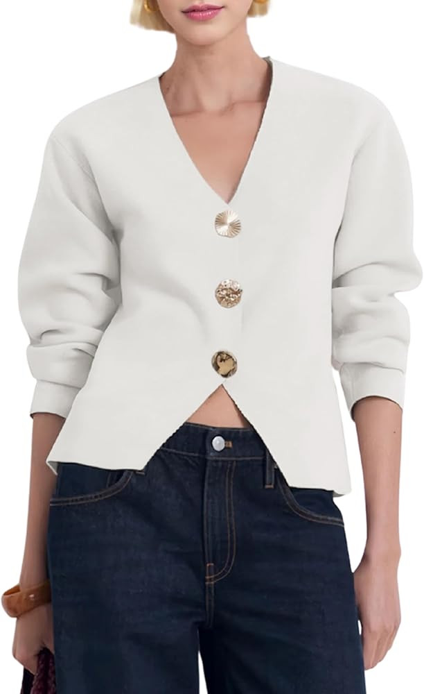 Daacee Cardigan Sweaters for Women V Neck Long Sleeve Gold Button Down Knit Cardigans Tops Outwea... | Amazon (US)