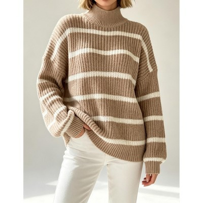 Women Mock Neck Striped Chunky Knit Sweater Long Sleeve Loose Casual Pullover, Khaki, S | Target