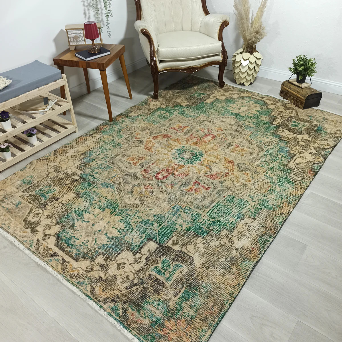 Lema Turkish Vintage Medallion Style Beige Green Rug | Fame Rugs