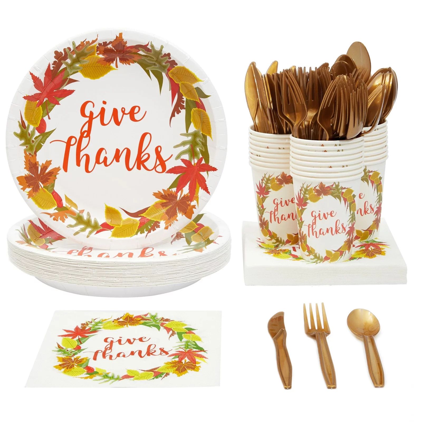Serves 24 Thanksgiving Party Supplies & Decorations, Fall Leaves Give Thanks Paper Plate, Napkins... | Walmart (US)