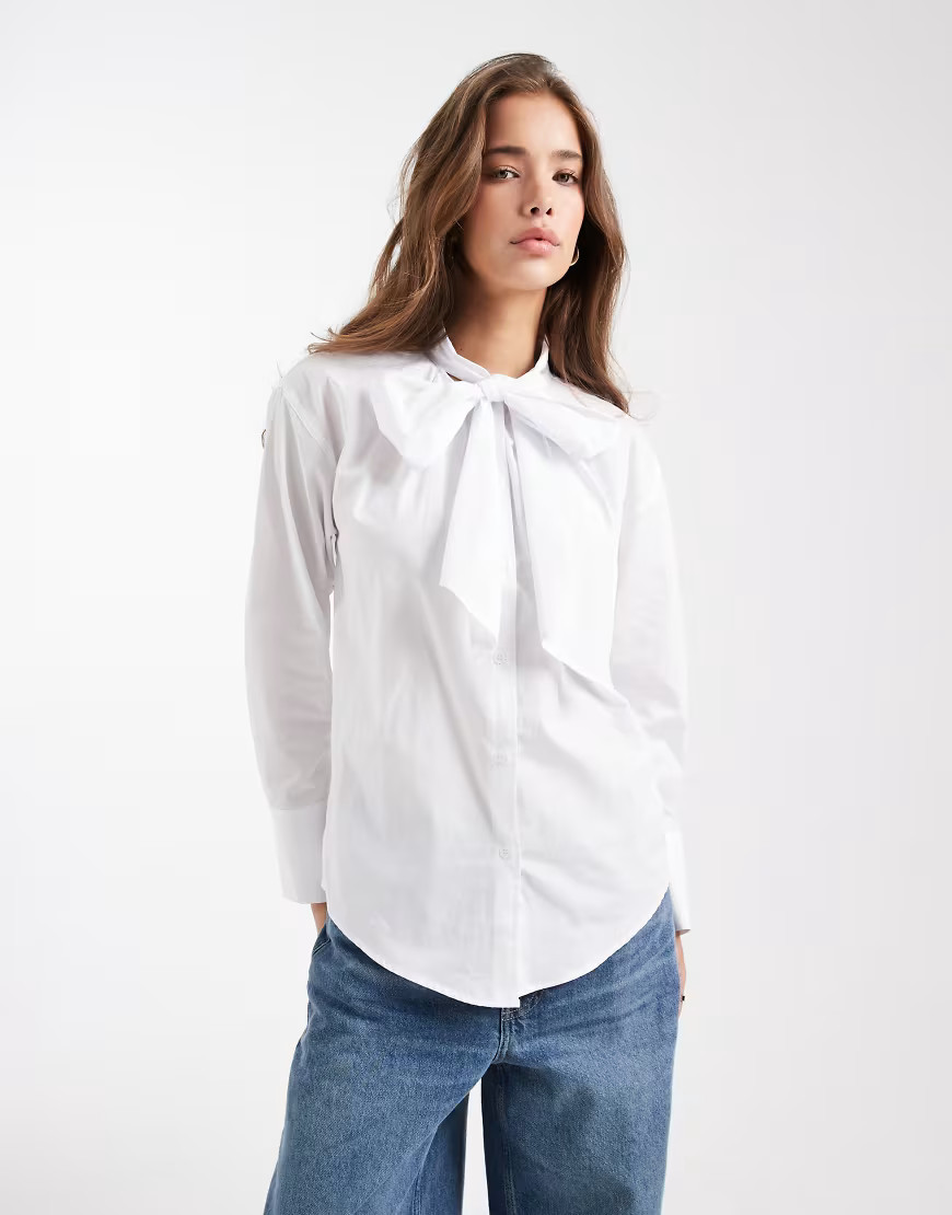 ASOS DESIGN bow front blouse in poplin in ivory-White | ASOS (Global)