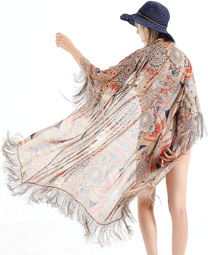 GRACIN Womens Beach Swimsuit Cover Up Long Floral Kimono Cardigan Bohemian Loose Blouse | Amazon (US)