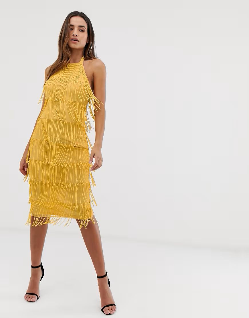 ASOS DESIGN Embellished fringe halter neck midi dress-Yellow | ASOS (Global)