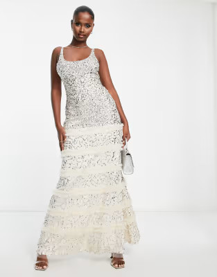 Lace & Beads exclusive embellished maxi dress in champagne | ASOS (Global)