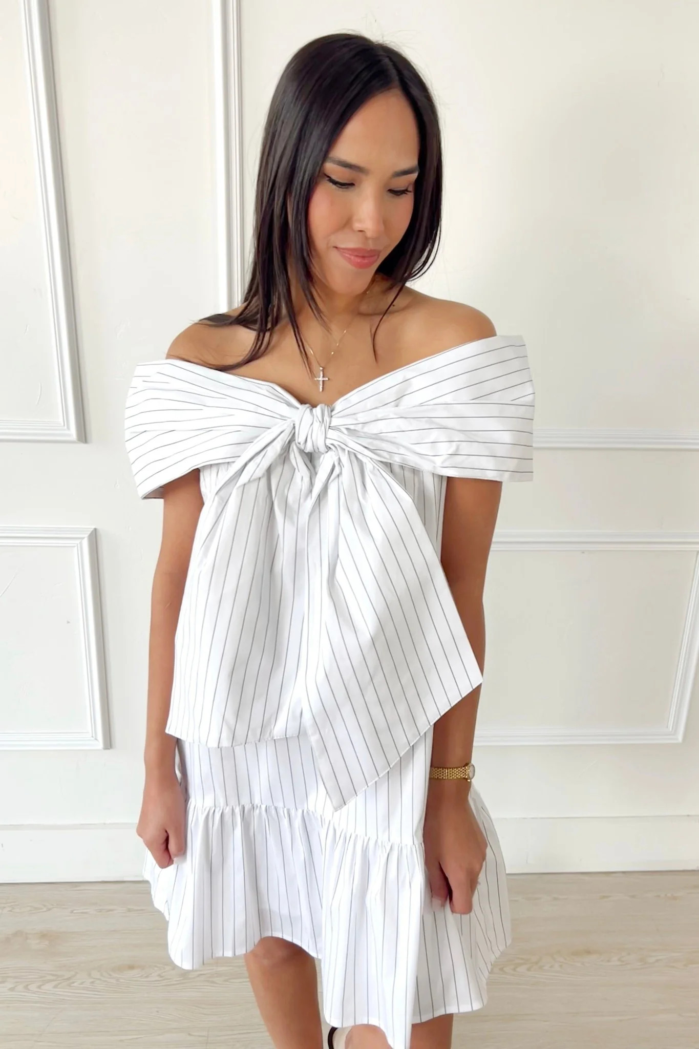 GRACE STRIPE BOW OFF SHOULDER DRESS | Apricot Lane Boutique