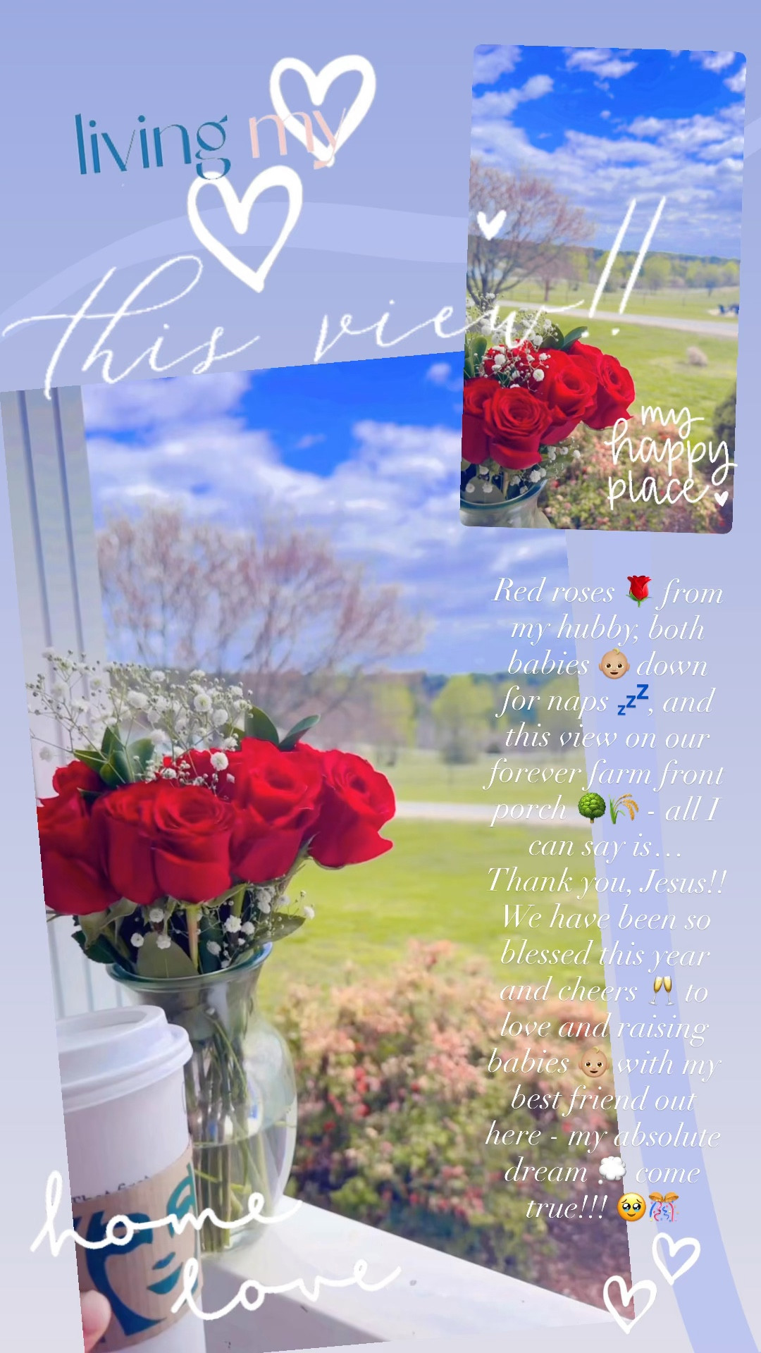 Red roses 🌹 from my hubby, both babies 👶🏼 down for naps 💤, and this view on our forever farm front porch 🌳🌾 - all I can say is… Thank you, Jesus!! We have been so blessed this year and cheers 🥂 to love and raising babies 👶🏼 with my best friend out here - my absolute dream 💭 come true!!! 🥹🎊

that amazing feeling when H O M E  becomes the place you truly never want to leave 🤍