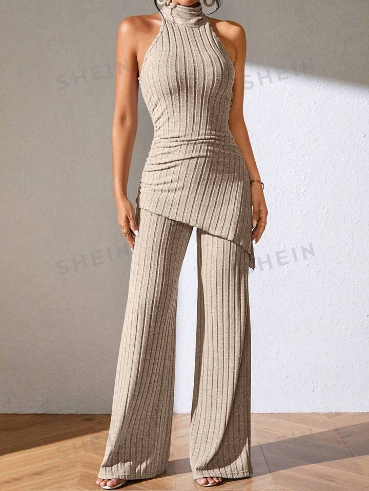 SHEIN Essnce Asymmetrical Hem Halter Top & Wide Leg Pants | SHEIN USA | SHEIN