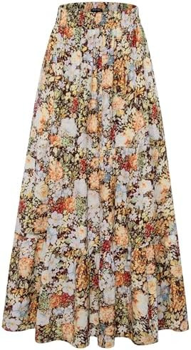 Arolina Maxi Skirt for Women Summer Boho Elastic High Waist Pleated A-Line Flowy Ruffle Swing Tie... | Amazon (US)