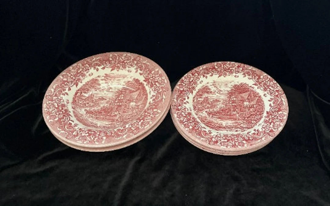Staffordshire 17th Century Engravings Dishes, Red Village Scene Transfer Ware, 8" Plates and Rimm... | Etsy (US)