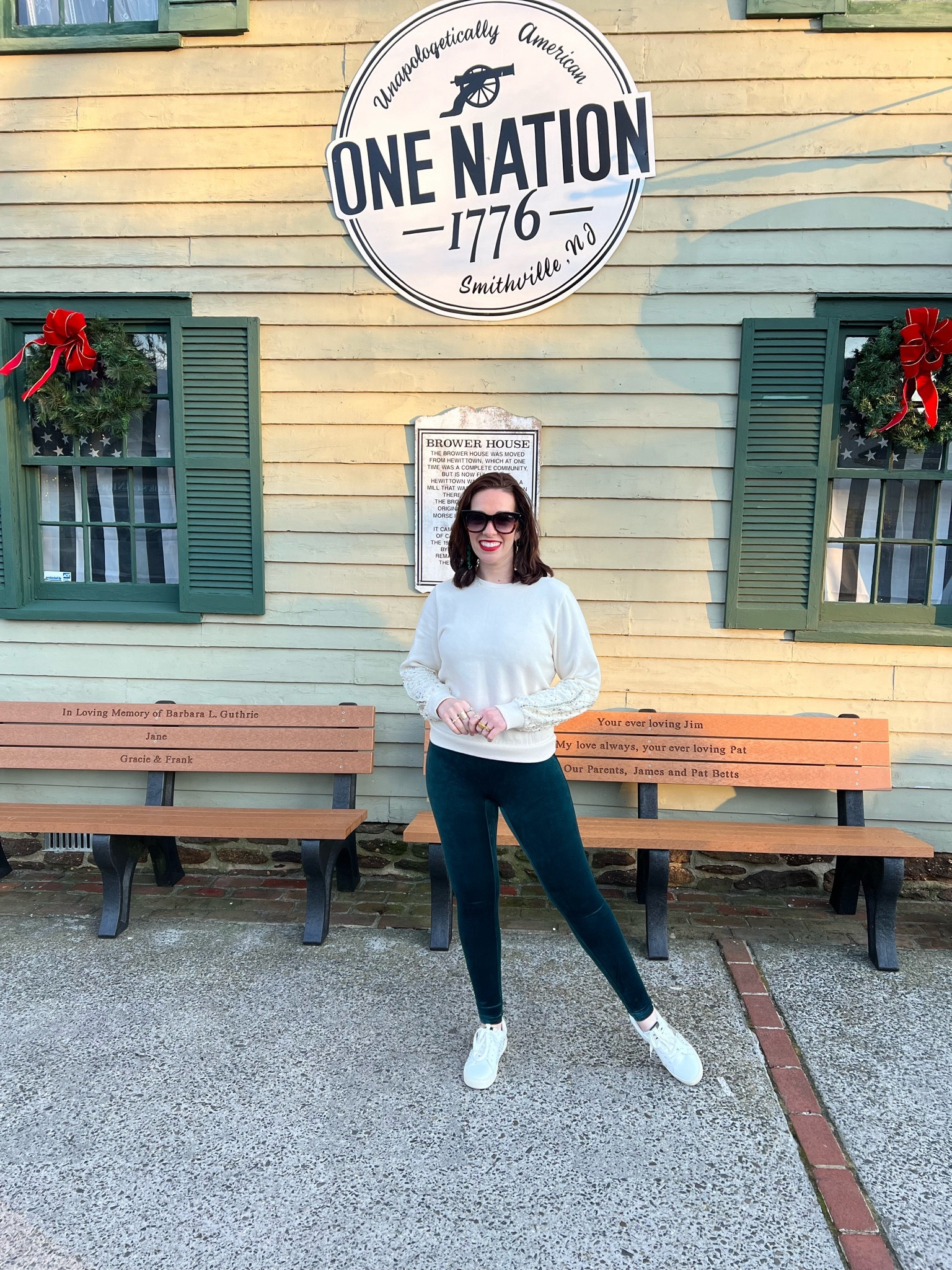 Winter Outfit - Sneakers (size 8.5). Velvet leggings (size small). White embellished sweater (size small). #winteroutfit #winterfashion #winterstyle #sneakers #whitesneakers #leggings #velvetleggings #whitesweater #sweater #sweaters 

#LTKfindsunder100 #LTKstyletip #LTKSeasonal