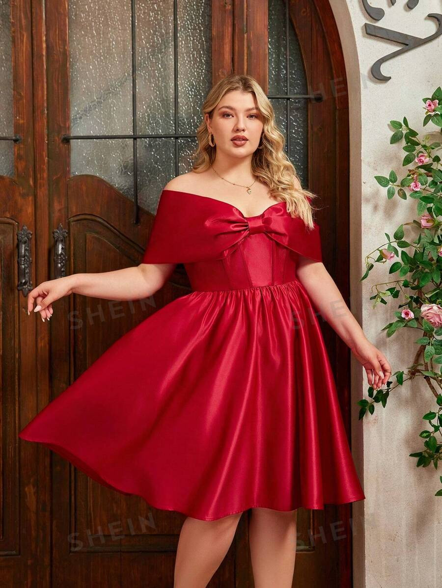 SHEIN Belle Plus Size Deep Red Bow Strapless Fishbone Decoration Elegant Cute Playful Cocktail Ho... | SHEIN