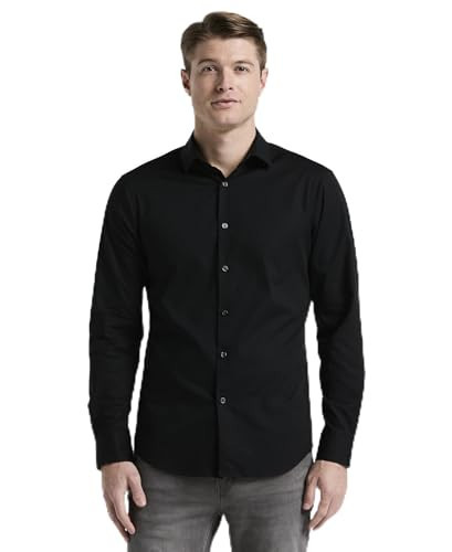 Perry Ellis Men's Dobby Cotton Long-Sleeve Dress Shirt Slim Fit and Stretch Fabric, Black, X-Large | Amazon (US)