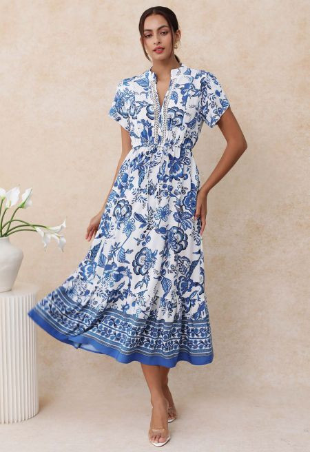 Blue Blossom Notch Neckline Frilling Dress | Chicwish