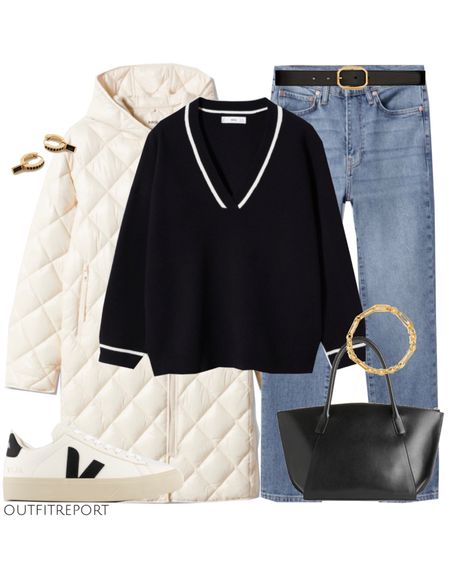 Black jumper knit sweater, blue denim jeans , white puffer jacket coat, black handbag, veja sneakers in white and golden jewellery 

#LTKunder100 #LTKshoecrush #LTKstyletip